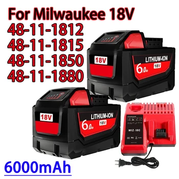 18V Za Milwaukee M18 Baterije M18B6 XC 6.0 Ah Li-Ion 48-11-1860 48-11-1852 48-11-1850 48-11-1840 Brezžično električno Orodje 18V Polnilnik