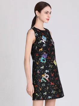 2023 Nov Poletni Modni Stezi Žensko Krog Vratu brez Rokavov Sequined Constellation Tiskanje Mini Obleka