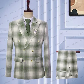 2023 Novih Moških Priložnostne Perilo bo Ustrezala Britanski Stil Slim Fit Zelena Bela Klasičnih Kariran Obleko Poročno Jopičem 2 Delni Komplet (Jakna+Hlače)