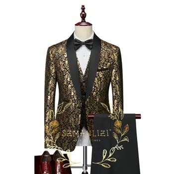 2023 Prilagojene Zlato Cvetlični Poroka Obleke Za Moške 3 Kosov Določa Šal River Ženina Tuxedos Groomsmen Slim Fit Kostum Homme