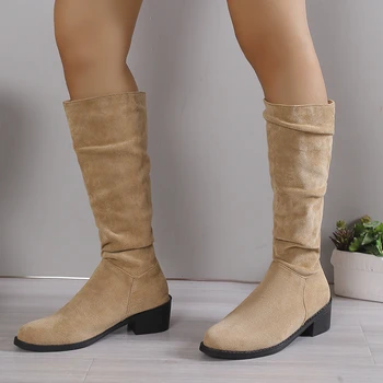 2023 Vroče Prodaje Čevlji za Ženske Rokavi Ženske Čevlje, Pozimi Antilop Krog Toe Trdnih Visoko Cevi Nizke Pete Velikosti Zahodni Čevlji