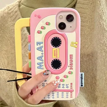 3D Radio Telefon Primeru za Iphone 14 13 12 Pro Max 11 INS Risanka Roza Japonska Koreja Slog Silikonski Polno Zajetje Telefon Kritje