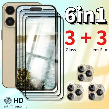 6 V 1 Kaljeno Steklo Zaščitnik Zaslon z Objektiv Kamere na Film Zaščitnik Za IPhone 14 15 Pro Max 12 13 Mini Pro 11 Pro Max Stekla
