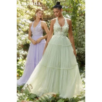 Amanda Pomlad Light Green-line Prom Oblačenja 2024 Princesa Povodcem Vratu Formalne Priložnosti Obleke Sladko Odpri Nazaj Čipke Stranka Obleko