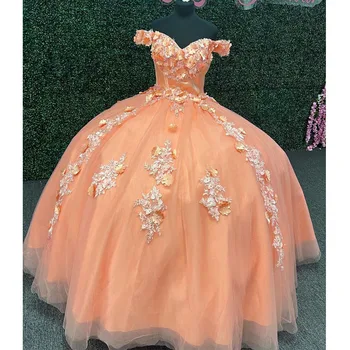 ANGELSBRIDEP Oranžno Žogo Obleke 15 letni Quinceanera Obleke S 3D Cvetje Princesa Rojstni dan Formalno Stranko Obleko