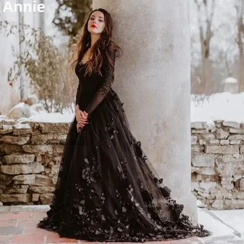 Annie Pregleden 3D Cvet Čipke Prom Obleke Black Elegance Večerno Obleko Razkošno A-line 2023 Vestidos De Noche