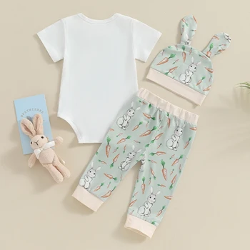 Baby Boy Velikonočni Obleke Kratek Rokav Zajček Grafični Romper Hlače Klobuk Komplet Za Malčke Oblačila