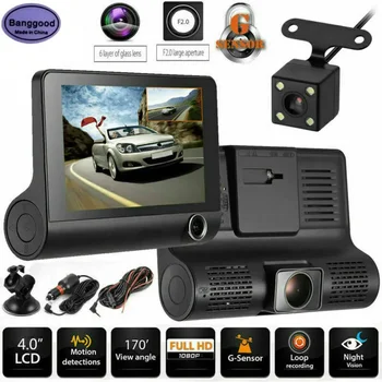 Banggood E33 4-Palčni Avto Dash Kamero LCD Visoke Ločljivosti 1080P 32GB 3 Objektiv Vozila DVR Vožnje Video Snemalnik Rearview Dashcamera