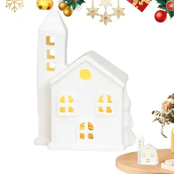 Belega Porcelana Božič LED Osvetljeno Bele Hiše Dekor Miniaturni Božično Vasi Hiš Snežinka Bela Žareče Grad