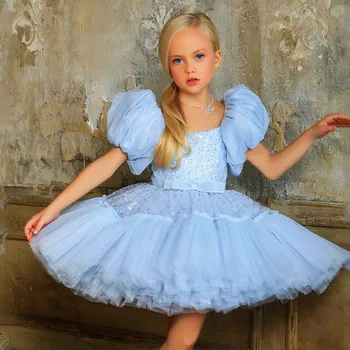 Dekleta Princesa Obleke za Rojstni dan Obleke Kratkimi Prvo Obhajilo Obleko Puff Bleščica Beading Poroko Cvet Dekle Obleko