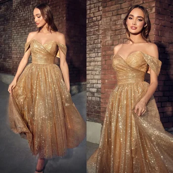 Elegantna Zlato Prom Obleke Za Ženske Zlati Posla Photoshoot Elopement Ples, Poročni Tuš Čaj Dolžina Tutu Bleščečo Obleko