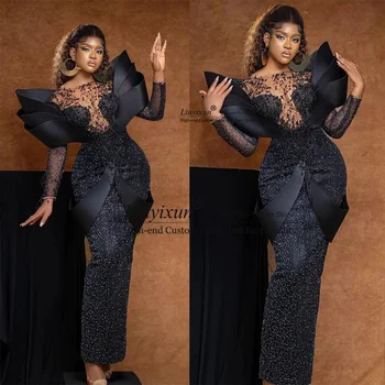 Elegantno Afriške Formalno Prom Oblačenja Ročno Beading Biseri Črne Ženske Večerne Obleke S 3D Rokavi Aso Ebi Slog Stranka Oblek