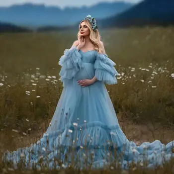 Elegantno Modro Nebo Porodniškega Obleke Ljubica Izrez Off Ramo Vestidos Za Photoshoot Prednosti Nosečnica Oblek