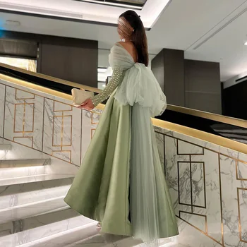 Elegantno Sage Zeleno Kristalno Luksuzni Dubaj A-LineEvening Obleke za Ženske svate Zlato Black Dolg Rokav Gala Maturantski Oblek