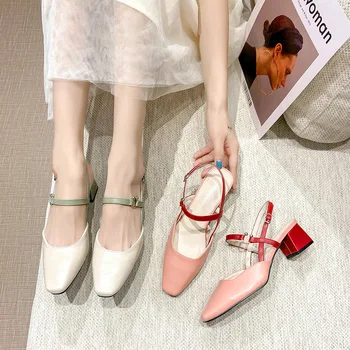 Eni vrstici kvadratni toe debele pete sandala za zunanjo rabo, en čevelj, novo poletje slog, nizke pete sandala za ženske, korejski vers