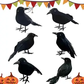 Halloween Vrane In Ravens 6Pcs Sablastan Realne Vrane Figurice S pravim Perjem Stranka materiala Za Drevo Kave Tabela Stene