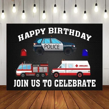 Happy Birthday Ozadje Policijskih Avtomobilov Firetruck Ambulante Temo Ozadju Fotografije Rdeče in Belo Ozadje Rekvizitov, Okras