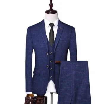 (Jakne+Telovnik+Hlače) Moški korejski Blazerji Slim Preverite Britanski Poslovna Obleka Moških Tri Kos Poroko Ženin Človek Obleko S-4XL