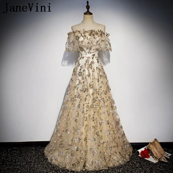 JaneVini Šampanjec Prom Obleke, Dolge Elegantne 2019 Off Ramo Iskrico Sequined Črto Ženske Formalno Stranko Halje Dolžina Tal