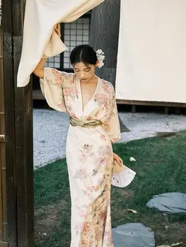 Japonski Slog Preprosto Seksi Kimonoi Saten Tiskanje Občutek Obleko Za Ženske Sexy Kitajski Proti-vrat Manjšinskih Obleko z Dolgimi Rokavi, Krilo