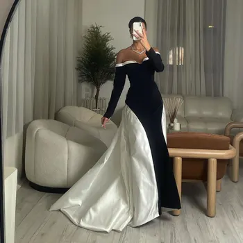 Klasična Saten Večerno obleko Off Ramo Dolg Rokav Saudi Arabian Žensk Formalne Priložnosti Krtačo Vlak Vestidos De Gala 2023