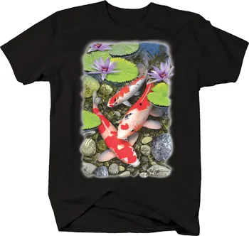 Koi Rib v Ribniku Lilly Pad Skale Vodnih Cvetje Japonski Krap T-majica z dolgimi rokavi
