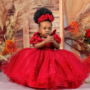 Krasen Rdeč Cvet Dekleta Obleke Princess Beaded Čipke Otroci Prvo Obhajilo Malčka Krst Obleko