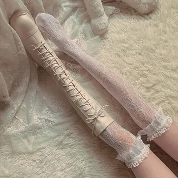 Lolita nogavice Bele čipke nogavice nad kolena očesa nogavice sredine noge tele nogavice Tanke girly jk nogavice