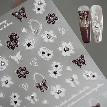 Luksuzni Oblikovalec Okrasnih Vijolična Bela Metulja Bowknot Cvetje 3D Samolepilni Nail Art Okraski Nalepke Manikura Decals