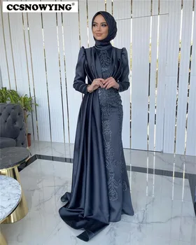 Luksuzni Saten Beaded Dolg Rokav Muslimanskih Večerne Obleke Arabski Dubaj Hidžab Maturantski Formalno Stranko Obleke In Plašče De Soirée