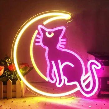 Mačka Moon Light Anime Neon Znak Umetnosti Stenske Dekorativne Luči za Dekle Soba, Rojstni dan, Darila za Rojstni dan noč Čarovnic Božično Darilo Roza