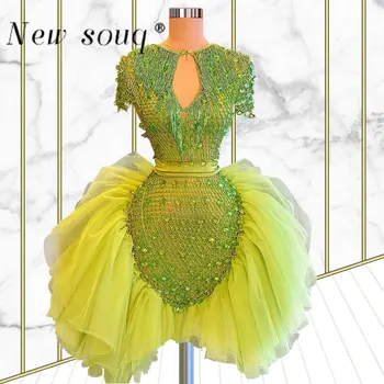 Moda Neon Zelena Čipke Kratek Maturantski ples Dekleta Obleke 2022 Seksi Mini Kristali Beading Tassel Ženske Oblek za svate