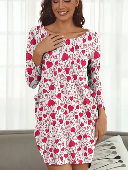Moda Žepi Obleko Rdeče Srce 3D Tiskanih Obleke z Dolgimi Rokavi Svoboden Hči Krila Priložnostne Ulične Valentinovo Darila