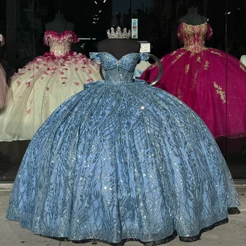 Modro nebo, Bleščice Kristalno Sequined Žogo Quinceanera Obleke Obleko Off Ramo Iluzijo Lok Korzet Sladko 15 Vestidos De XV Años