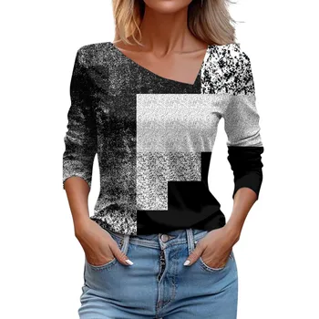 Nepravilna Pobočju Vratu T-Shirt Za Ženske Geometrijske Tiskanja Puloverju Vrh Priložnostne Moda Dno Vrh Vergisiz Urunler Turkiye