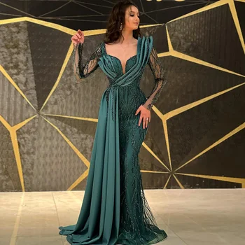 Nov Prihod Smaragdno Luksuzni Dubaj Naravnost Saten Poroko Sirena Obleko za Ženske Zlata Arabskem Dolžina Tal Formalno Stranko Obleke 2024