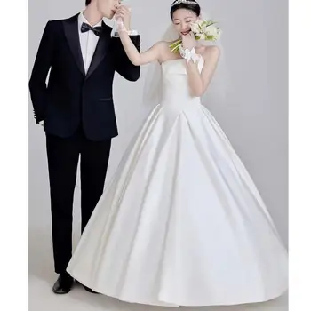 Novo Saten Poročne Obleke Žogo Obleke Klasičnih Seksi Poročne obleke brez naramnic Elegantno Preprost Tla-dolžina Vestidos De Novia Plus Velikost