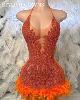 Oranžna Povodcem Kratko Obleko Za Maturantski Ples Črna Dekleta 2023 Beaded Kristalno Perje Rojstni Halje Mini Cocktail Ples