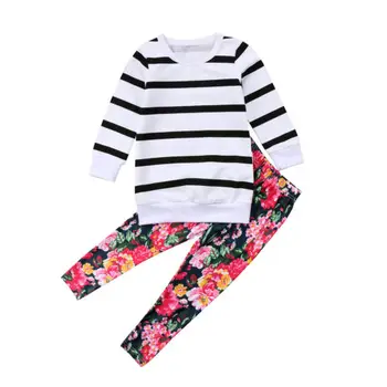 Otroci Baby Dekleta Striped Majica z Dolgimi rokavi Vrhovi+Cvjetnim Tiskanja Hlače 2pcs Oblačila Obleko Nastavite Velikost 3-8T