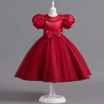 Otroška obleka 3-10T deklice pearl zabuhle gaza obleko deklica cvet dekle poročno obleko gostiteljice klavir uspešnosti obleko