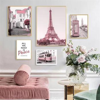 Pink City Tramvaj Cvet Parizu Stolp Ponudbe Nordijska Plakatov In Fotografij Wall Art Platno Slikarstvo Stenske Slike Za Dnevna Soba Dekor