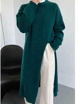 Pleteni Pulover Obleko Ženske Korejski Moda Barva Dolge Obleke, Ženski Jeseni, Pozimi Eleganten Casual Dolg Rokav Split Obleko