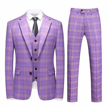 Plyesxale Violet Poročno Obleko Za Človeka, Regular Fit Elegantno Tri Kos Kostum Homme Moda Kariran Ženina Stranka Fazi Obleke Q1362