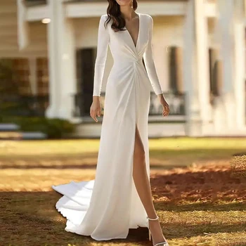 Po Meri Narejene Elegantno A-Line Poročno Obleko Za Ženske 2023 Belo Odprto Nazaj Dolgimi Rokavi, V-Izrez Saten Poročne Obleke Pleat Vestidos De Noiva