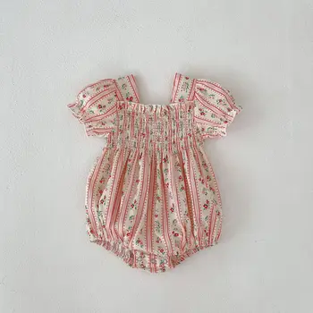 Poletni Cvetlični Proge Dekle Obleko Baby Dekle Kratka sleeved Bombaž Romper Dojenčka Dekle iz Enega kosa Sestre Videz Obleke