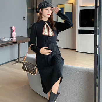 Porodniški Oblačila Vroče Moda Nov Videz Tankih Jeseni korejskem Slogu Trdna Črno Elegantno Obleko za Mumija Porodniškega Clothings Cravat