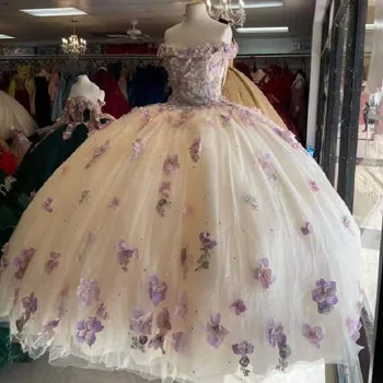 Princesa Quinceanera Obleke Appliques Sequined Beading Handemade 3D Cvetje Stranka Uradno Žogo Halje Vestidos De 15 Años