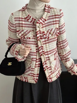 QOERLIN Nov Modni korejski Chic Vintage Tweed puhovka Plašč Ženske Jeseni beloprsi Singl Kariran Tassel Urad Dama Outwear