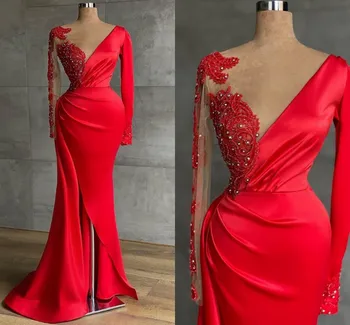 Rdeča Saten Večerne Obleke 2023 Odklon Scalloped Dolg Rokav Luksuzni Beaded Afriške Prom Stranka Obleke Vestidos Haljo De Soiree