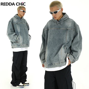 ReddaChic 90. letih Retro Moški Traper Majica s Kapuco, Zadrgo Razrezana Modro Pranje Priložnostne Hoodies Dolgo Rokavi Top Ulične Hip Hop
